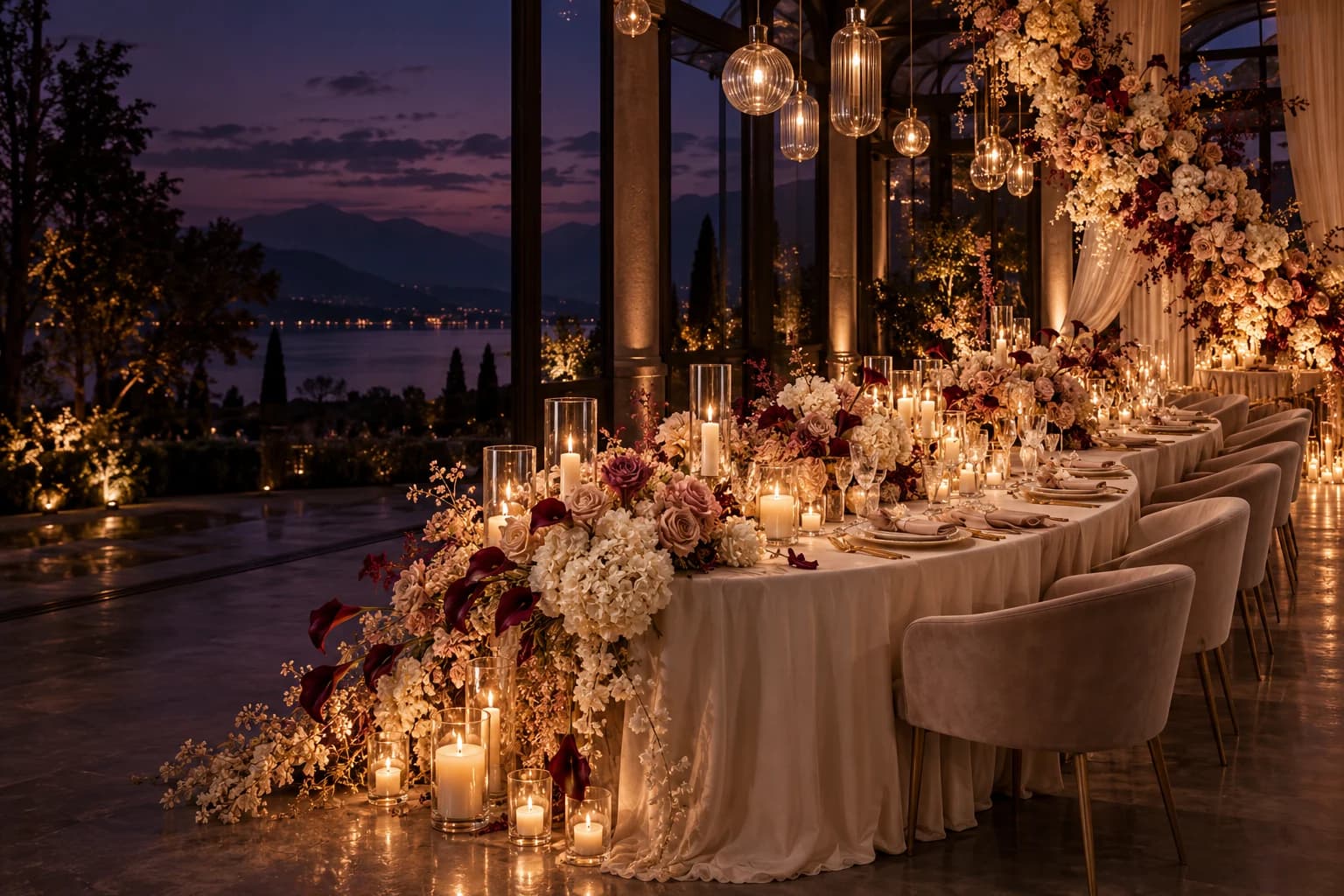 Design concept: candlelit reception with sculptural florals and champagne draping